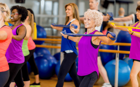 Women using stretch bands to strength train.